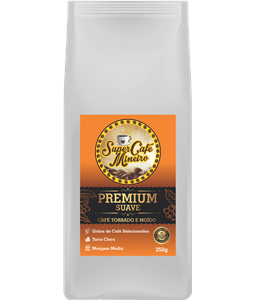 Caf Premium Suave, Regio da Serra da Canastra, Altitude mdia de 1.100 metros, Gros de cafs selecionados, Com favas gradas,  Livre de impurezas, gros podres, verdes e ardidos, Bebida Mole, pontuao 84 mais, 100 por centro Arbica, Torra Clara, sabor suave e adocicado, leve acidez ctrica, corpo delicado e agradvel, Embalagens de 250 gramas.